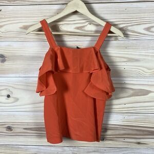J Crew Silk Top 00P Petite Ruffles Off Shoulder Red Orange Tank Blouse